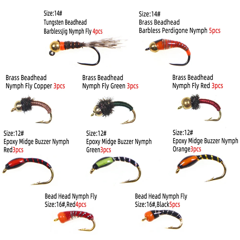 36pcs Fly Fishing Flies Kit Fly Fishing Gear Assortment Epoxy Buzzer Nymph Fly Perdigone Nymphs Trout Bass Fishing Lure Baits