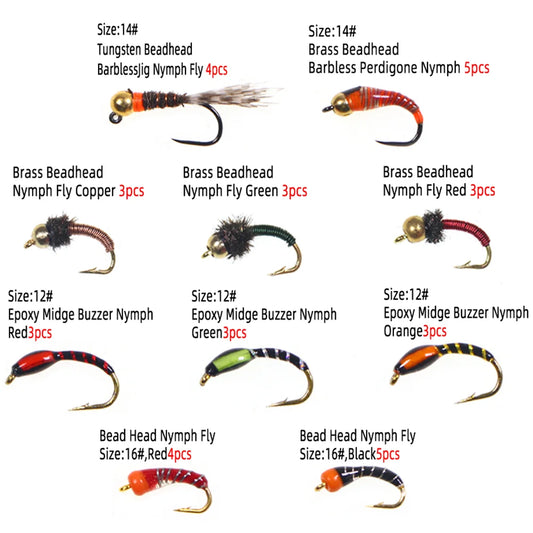36pcs Fly Fishing Flies Kit Fly Fishing Gear Assortment Epoxy Buzzer Nymph Fly Perdigone Nymphs Trout Bass Fishing Lure Baits
