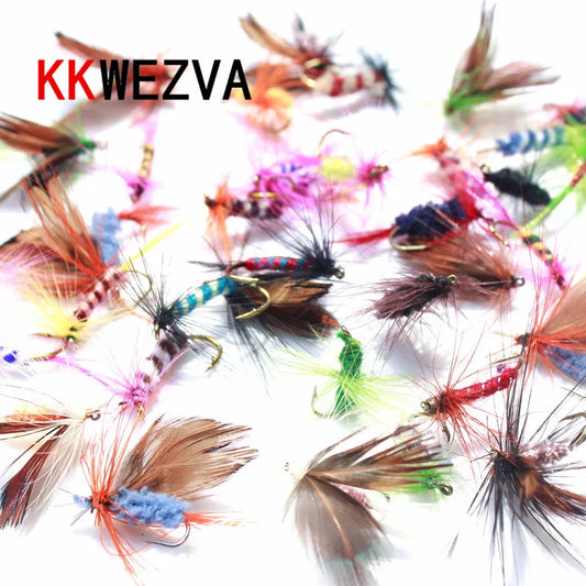 KKWEZVA 60pcs Lures Fly fishing Hooks  Butter fly Insects Style Salmon Flies Trout Single Dry Fly Fishing Lure Fishing Tackle