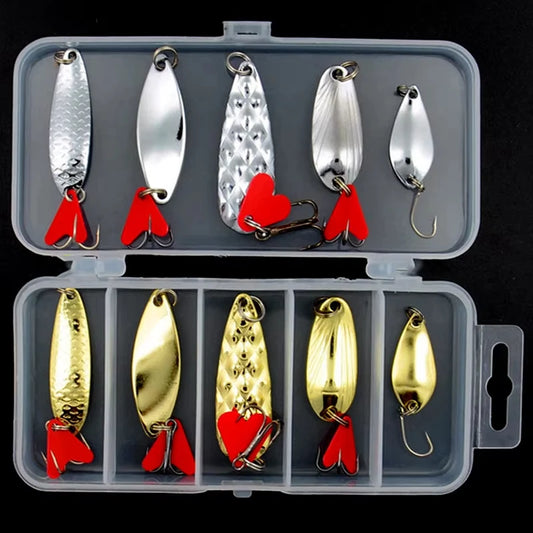10Pcs Fishing Metal Spoon Lure Kit Set Gold Silver Baits Sequins Spinner Lures with Box Treble Hooks Fishing Tackle Gear