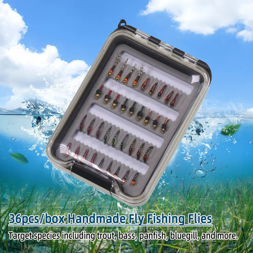 36pcs Fly Fishing Flies Kit Fly Fishing Gear Assortment Epoxy Buzzer Nymph Fly Perdigone Nymphs Trout Bass Fishing Lure Baits